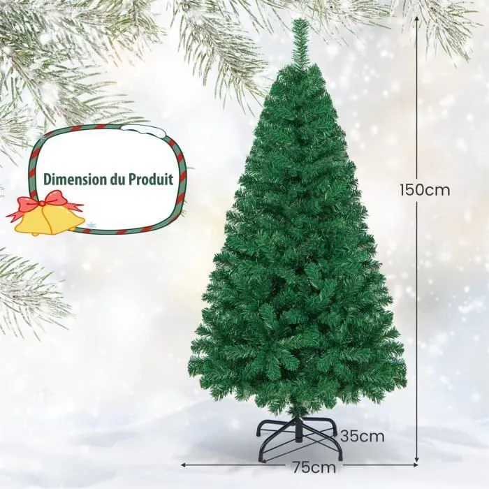 Sapin de Noël Artificiel 150 cm COSTWAY Vert - Aiguilles en PVC - Support en Métal - Décoration de Fête pour Noël - 350 Branches-3