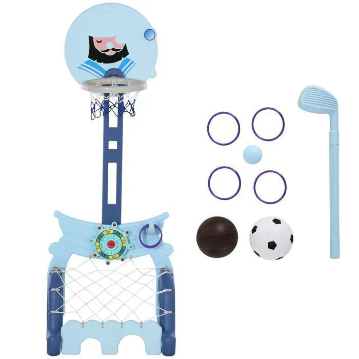 Panier de Basket pour Enfants but de foot hockey jeu d'adresse 4 en 1 Hauteur Réglable HDPE Bleu-0