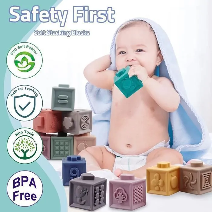 Jeux Montessori Bébé 6-12 Mois Cube Souples Empiler Anneaux d'empilage Balle Sensoriel  Jouets D'éducation précoce 6 9 12 Mois-2