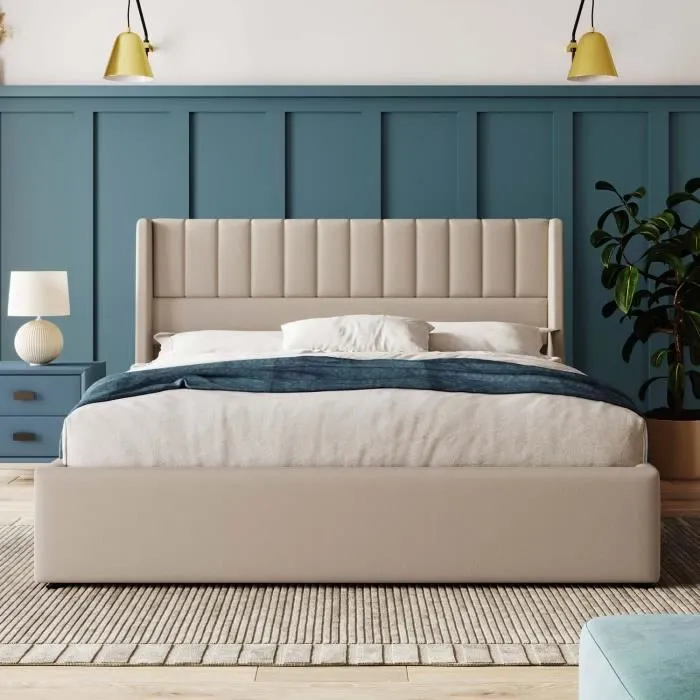 Lit coffre adulte 160x200 cm avec sommier à lattes, tissu en lin, beige-1
