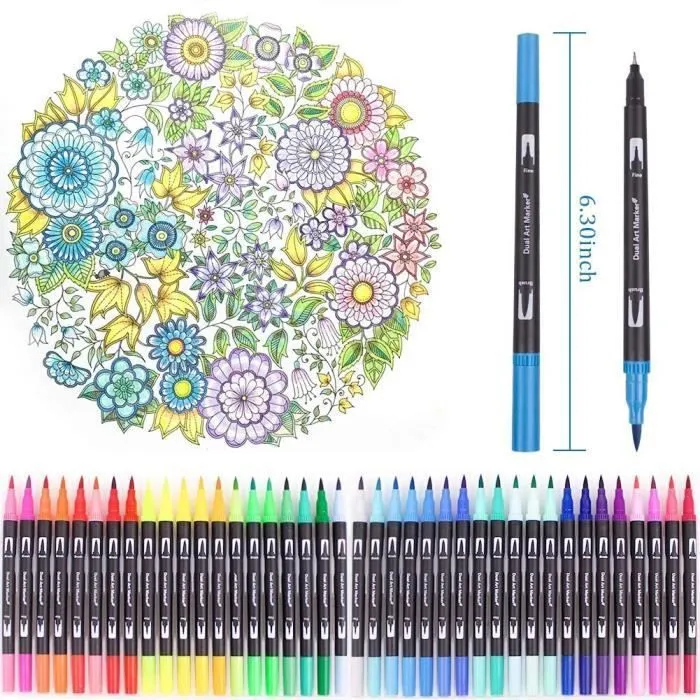Feutres de Coloriage, 100 Couleurs Art Aquarelle Brosse Pointe Stylos et Pointe Fine pour Adulte Livres de Coloriage, Dessin-2