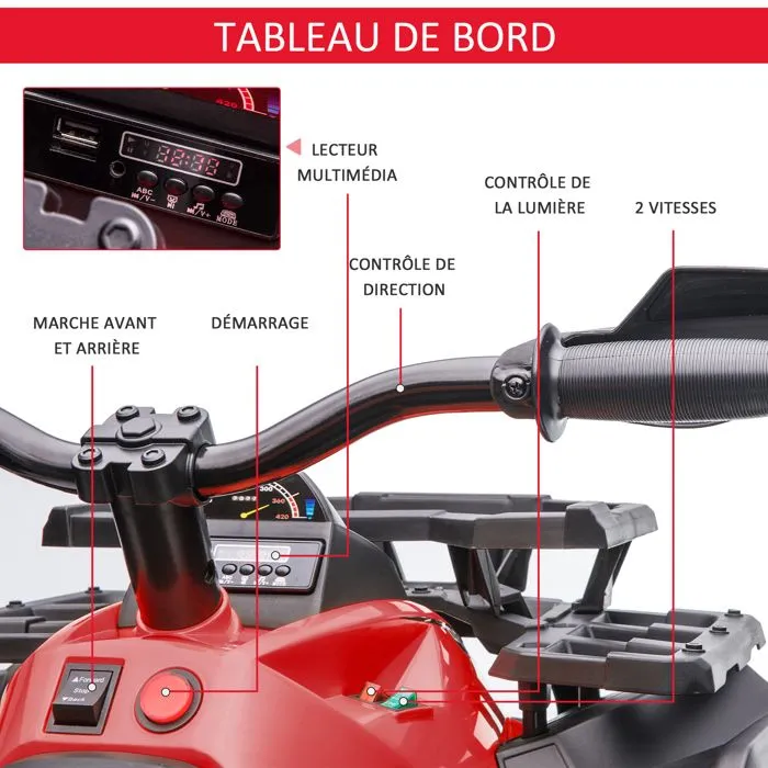 Voiture 4x4 Quad Buggy électrique Enfant HOMCOM 12 V 8 Km/h Max. Effets Lumineux sonores Selle avec Dossier Porte-Bagage Avant-5