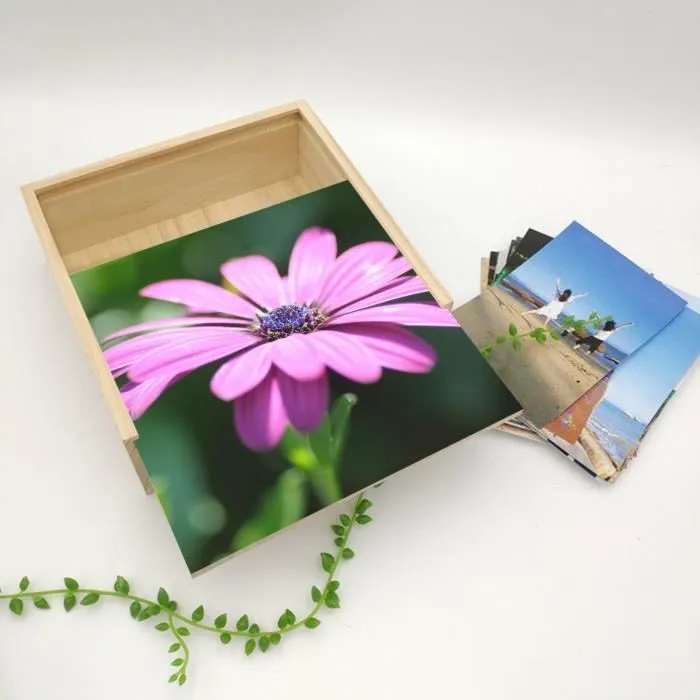 Boite Coffret en Bois - Fleur Marguerite Mauve au Coeur Violet Nature Champêtre  (11 x 11 x 3,5 cm)-3