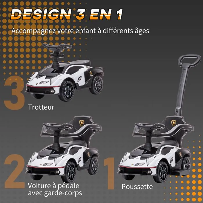 Voiture à pousser pour enfants AIYAPLAY porteur enfants 1 à 3 ans multi-équipée avec poignée de poussée, klaxon et volant, Blanc-4