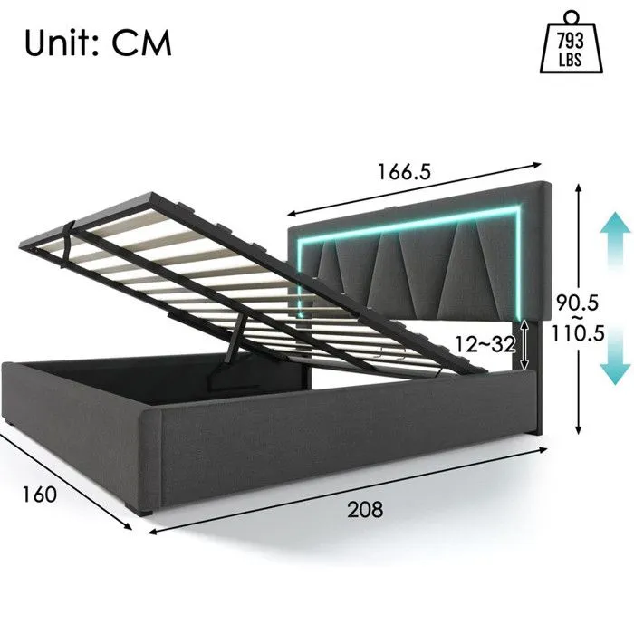 ModernLuxe Lit coffre rembourré 160x200cm avec LED et Port de charge USB et Type-C - tissu en lin - sommier à lattes - Gris-3