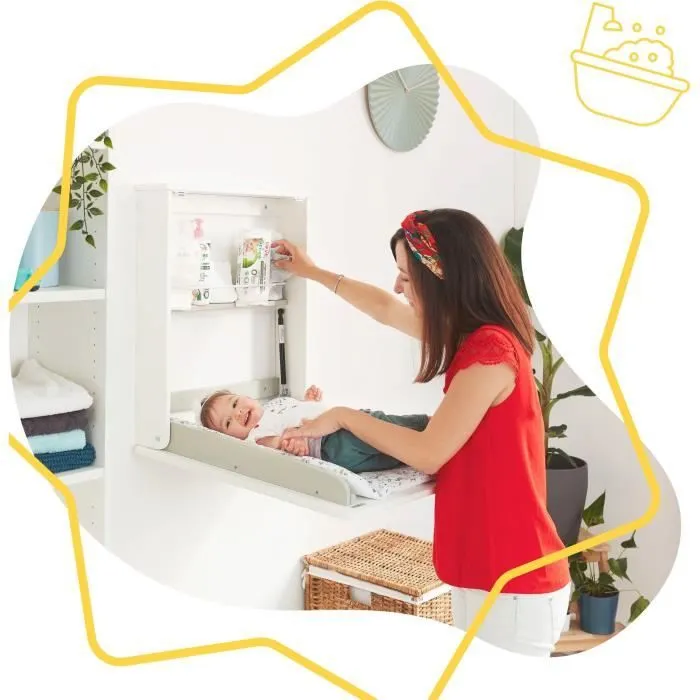 Badabulle Table à langer murale Plouf, avec matelas à langer inclus - Pliable et compacte-1