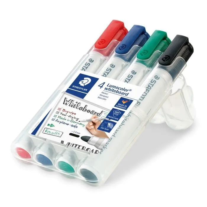 Kit élémentaire tableau blanc - Staedtler - Blanc - 4 feutres - 1 tampon - 1 spray de nettoyage-1