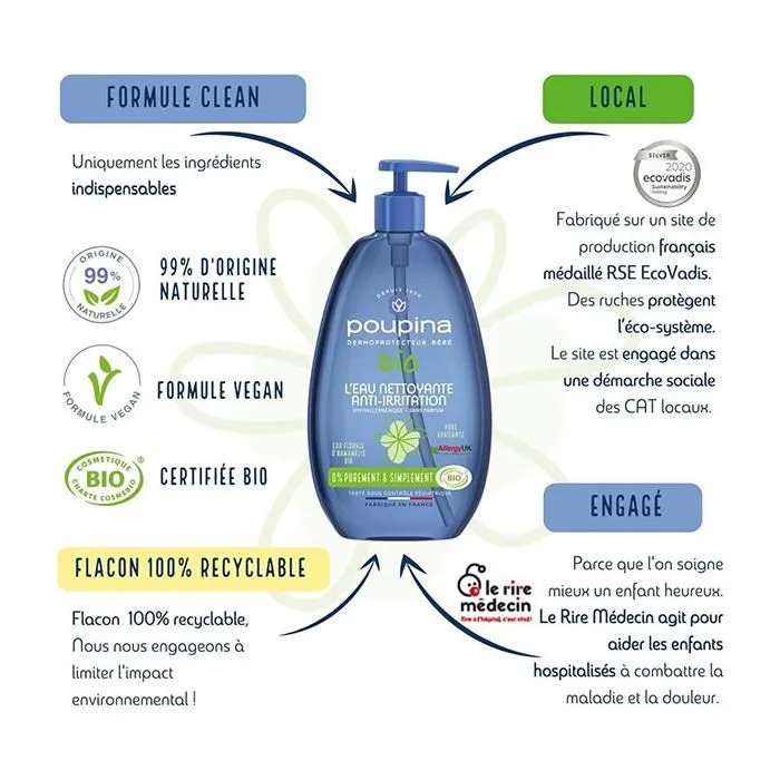Poupina Soins Bébé L&#039;Eau Nettoyante Anti-Irritation Bio 485ml-1