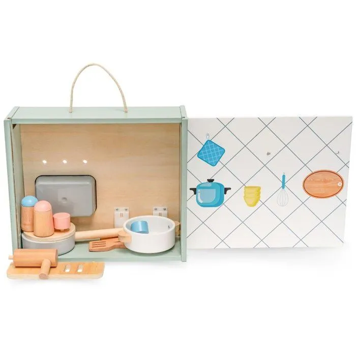 Cuisine Enfant Pliable Portatif en bois avec accessoires - mini cuisine avec Poignée de Transport Pratique-  Facile à Rangerpliable-3