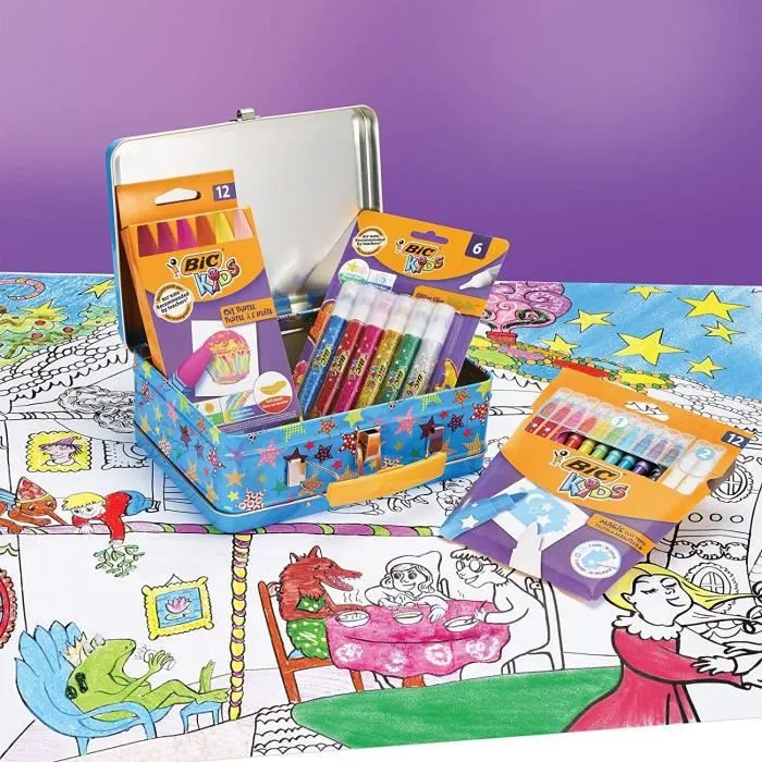BIC Kids Mallette de Coloriage - 12 Pastels à l'Huile-12 Feutres Magiques-6 Tubes de Colle Pailletée-1 Poster à Colorier-1