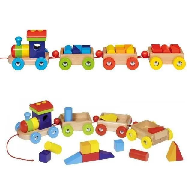 Train en bois Orlando - Cubes de construction - Bébé - Rouge et jaune-0