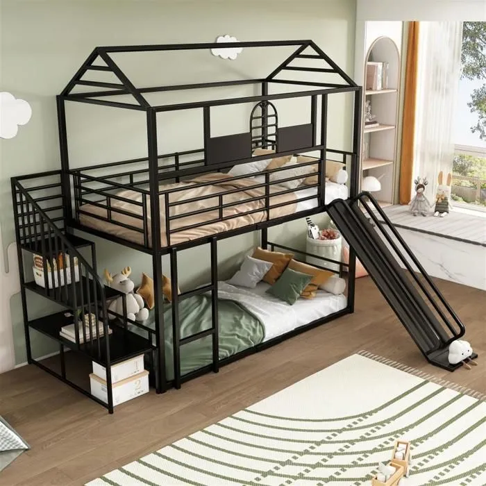 Lit superposé - Enfant - Noir - Métal - 90x200cm - Toboggan et échelle latérale-1