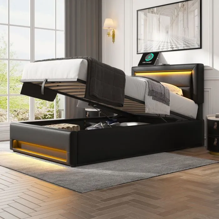Lit coffre - Noir - 90x200 cm - Similicuir - LED - Ports de recharge USB-0