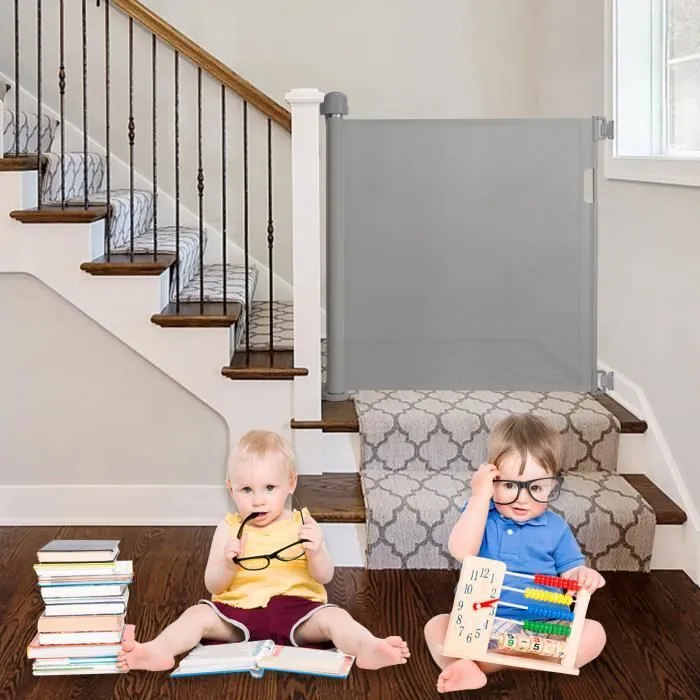 UISEBRT Barrière de Sécurité Porte Rétractable 0 à 180cm pour Enfants Chiens et Intérieur & Extérieur Escalier Gris 88.5cm Haute-3