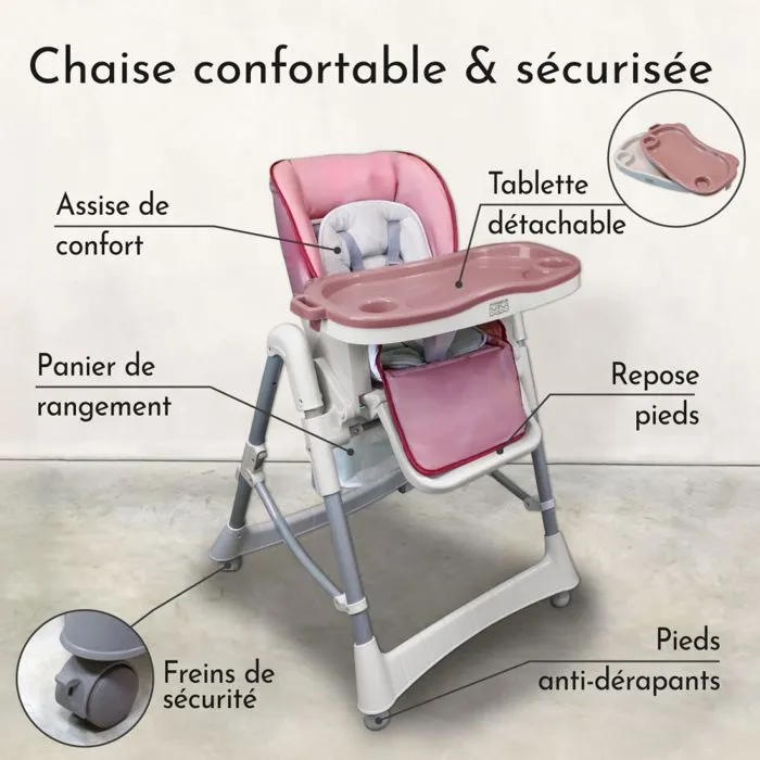Chaise haute bébé pliable réglable hauteur dossier tablette - Ptit - Rosa - Monsieur Bébé-3