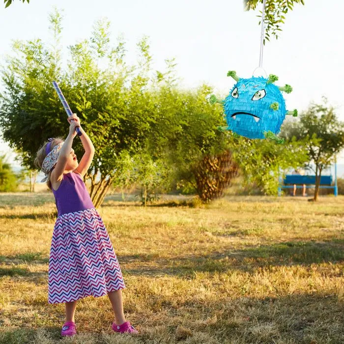Relaxdays Piñata en forme de virus rigolo, à suspendre, remplissable, pour fille et garçon, anniversaire, bleu et vert-2