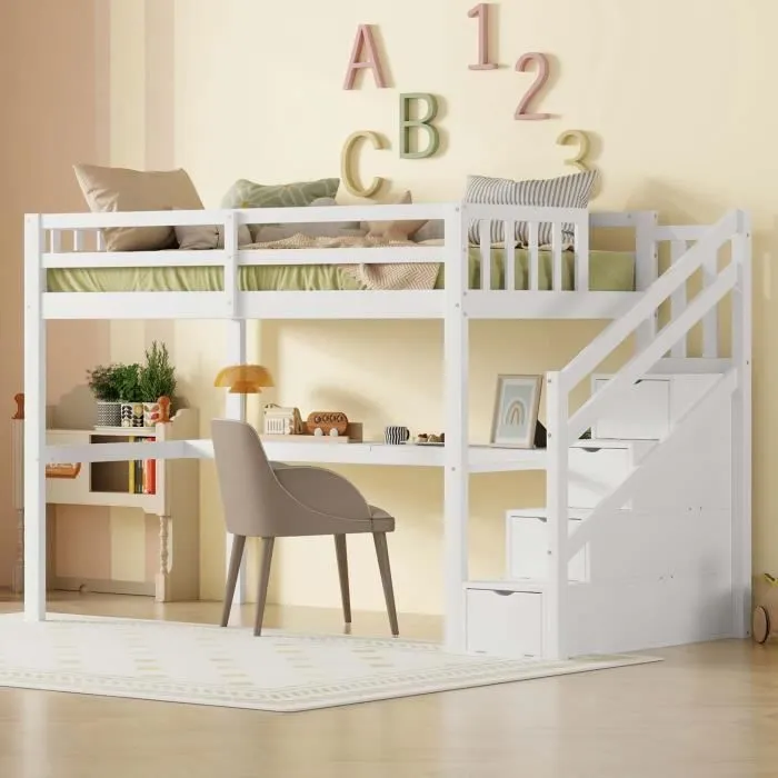 ModernLuxe Lit mezzanine 90x200cm, lit enfant avec escalier de rangement et bureau, sommier à lattes, cadre en pin, blanc-2