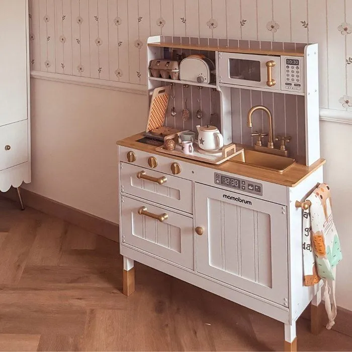 Cuisine Enfant En Bois 70*30*99,5 Mamabrum- Cuisine évolutive sur pieds, Dinette Ustensiles Tablier Frigo Micro-ondes Plaque-5