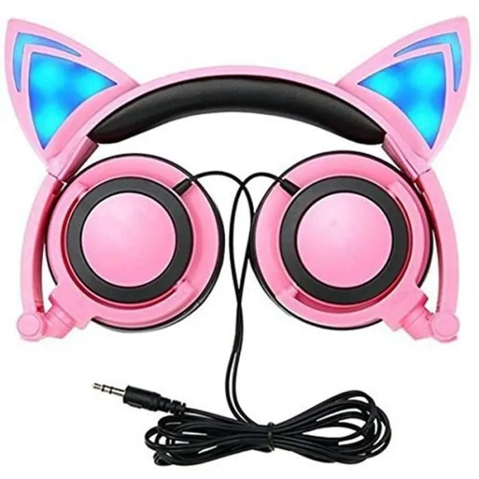 Casque audio enfant - EYOYO - Oreille de chat pliable - LED - Rose + Bleu-0