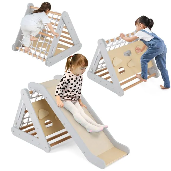 COSTWAY Station de Jeu avec Triangle d'Escalade,Toboggan en Bois et Filet, Résistant aux Intempéries, Charge 60 KG 1 Ans+ Gris-0