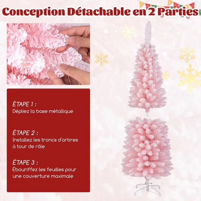 Sapin de Noël Artificiel Rose 150cm COSTWAY, Arbre de Noël Floqué de Neige, 328 Branches, Support en Métal Pliable, Forme de Crayon-3