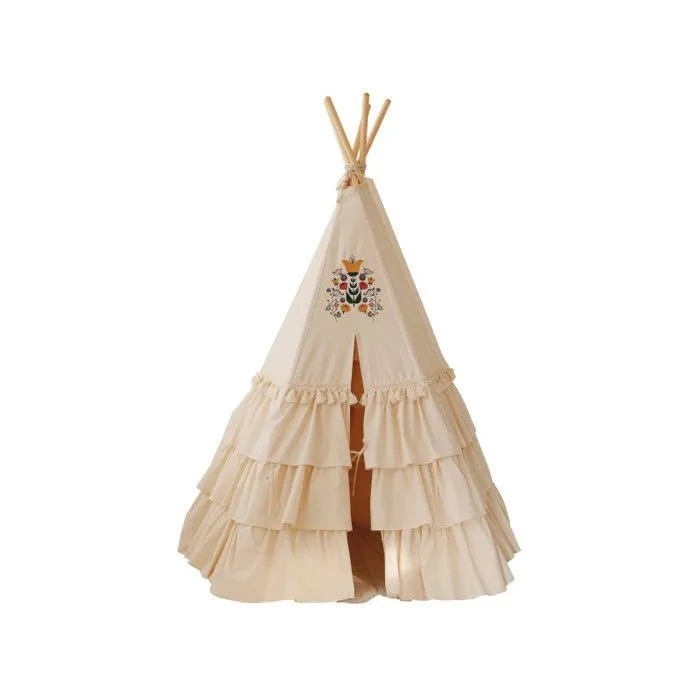 Tente tipi enfant Moi Mili Folk Honey - beige/ jaune - froufrous et tapis de coquillages ou tapis de feuilles-0