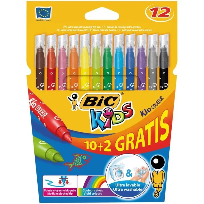Feutres de coloriage - BIC - Pochette de 10 + 2 Gratuits - 12 Couleurs - Pointe moyenne - Ultra-lavable-3