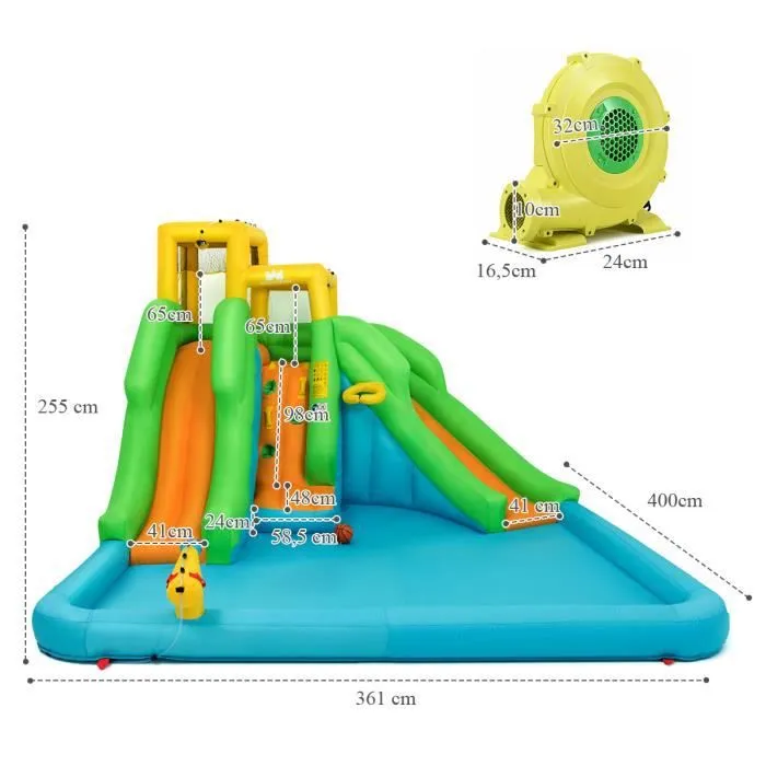 COSTWAY Château Gonflable Enfant 5 en 1 avec Souffleur 680W Toboggan Double Parc Aquatique,Mur d'Escalade Panier,Piscine,Canon à Eau-3