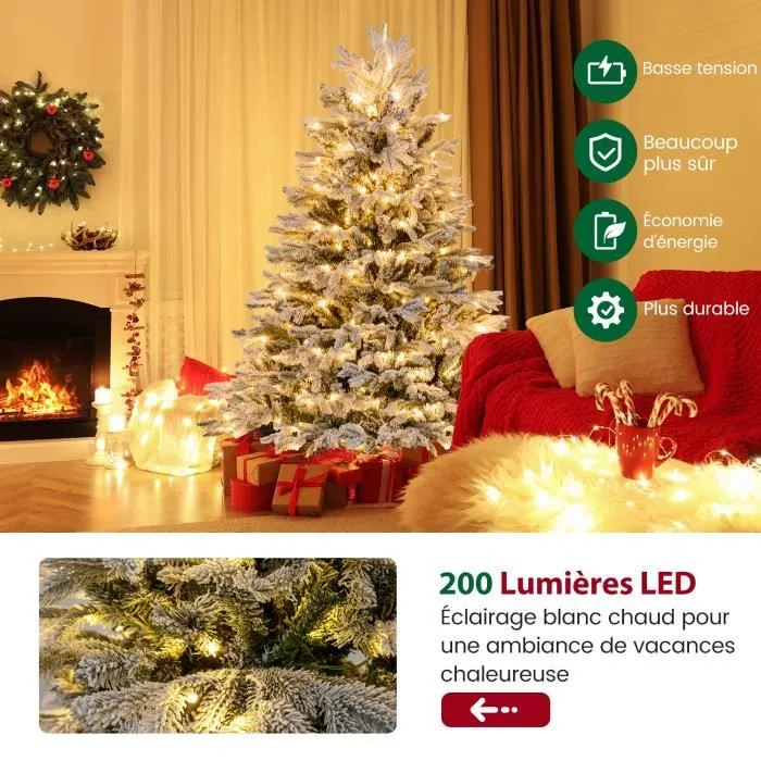 Sapin de Noël Artificiel LED 135 cm COSTWAY-200 Lumières Blanches Chaudes Pré-illuminé-688 Branches avec Neige Blanche en PE PVC-1