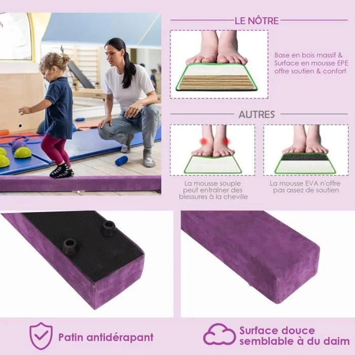 COSTWAY Poutre de Gymnastique Pliable 210cm pour Enfants avec Poignées de Transport 4 Patins Antidérapants Couverture en Daim Violet-2