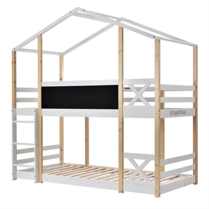 DRIPEX Lit Superposé Enfant 90x200cm avec toboggan,tableau noir et échelle,Lit cabane 2x sommier à lattes,Lit mezzanine Blanc,H205cm-3