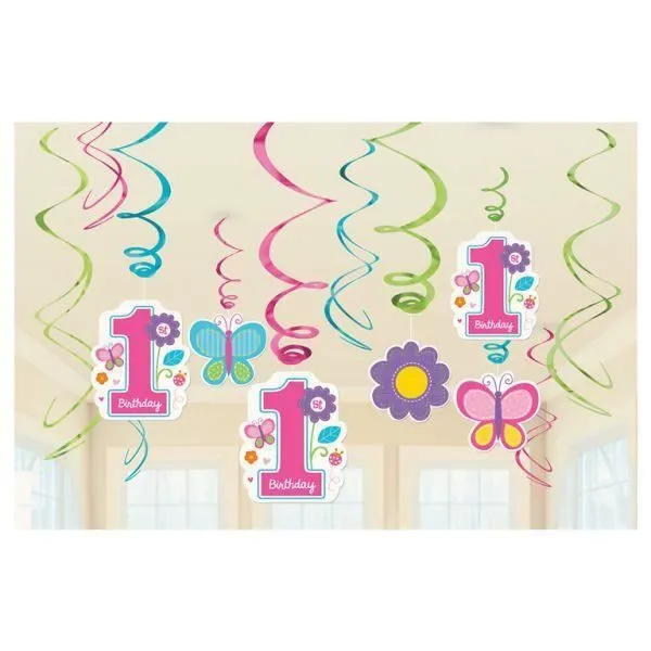 Décoration à suspendre - Sweet Birthday - 1 an fille - 12 tourbillons - Couleurs pastel - Anniversaire intérieur-0