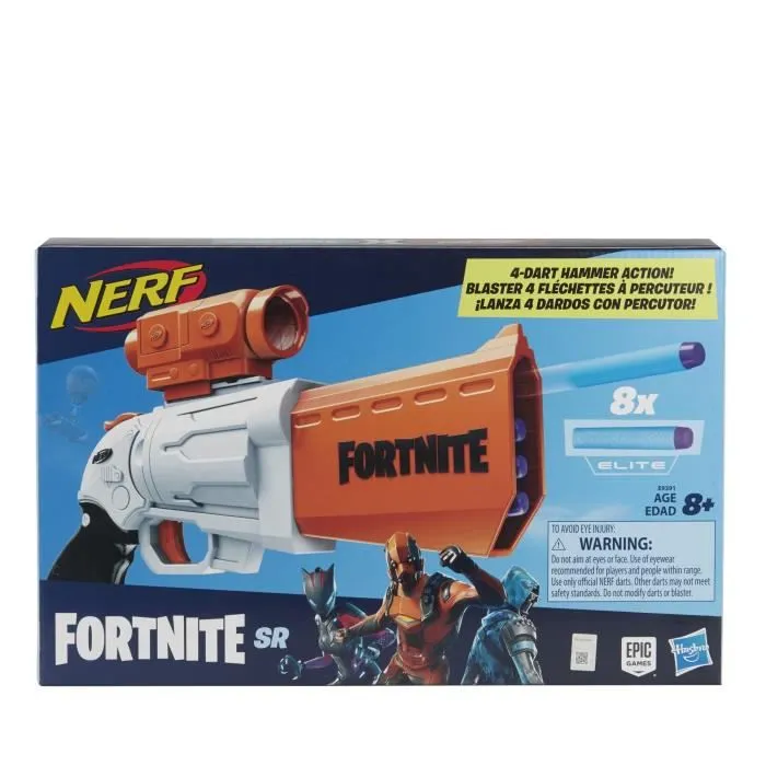 NERF - Fortnite - Blaster SR 4 fléchettes avec percuteur et viseur amovible - inclut 8 fléchettes NERF - Elite officielles-1