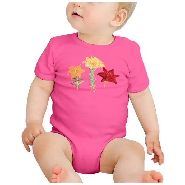 Body Bébé Manche Courte Rose 3 Fleurs Antiques Botanique Illustration Ancienne-1