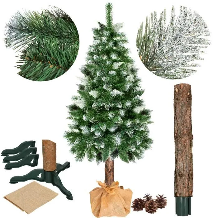 Sapin de Noël artificiel - SPRINGOS - 180 cm - Tronc en bois naturel - Neige artificielle - Pommes de pin-0