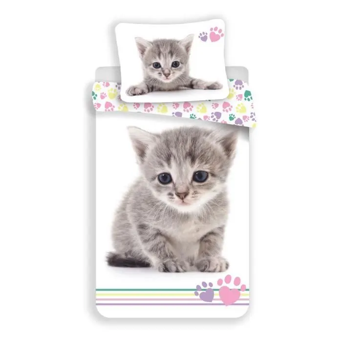Parure de lit - Chaton Gris - 100% coton - Lavable en machine - Pour lit une personne-0