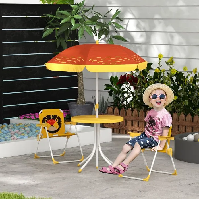 Ensemble salon de jardin enfant 4 pcs design lion - chaises pliables - métal polyester jaune rouge-2