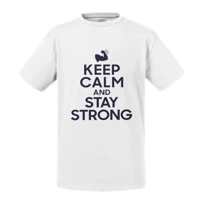 T-shirt Enfant Blanc Keep Calm and Stay Strong Parodie Sport Musculation-0