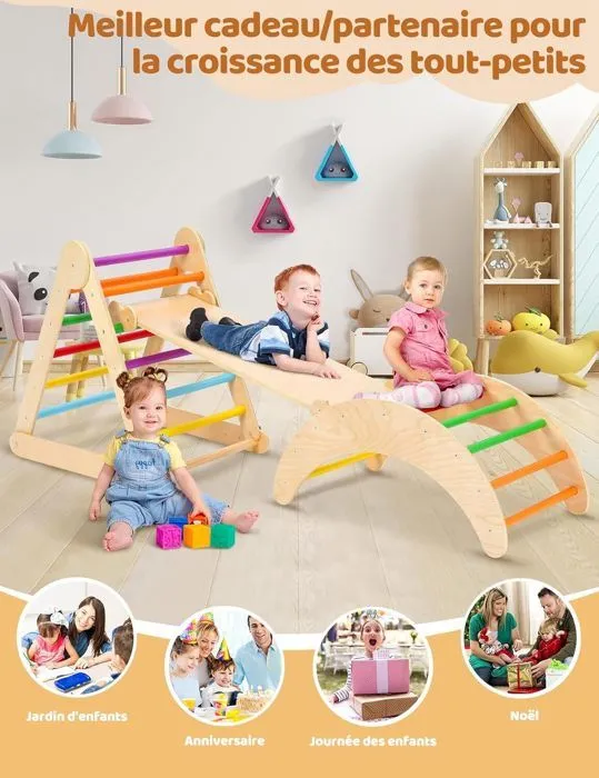 7 en 1 Triangle Arche Montessori, Arche d'escalade avec Toboggan Bois, Rampe, Échelle Réglable, pour Tout-Petits Bébé 1 Ans+-4