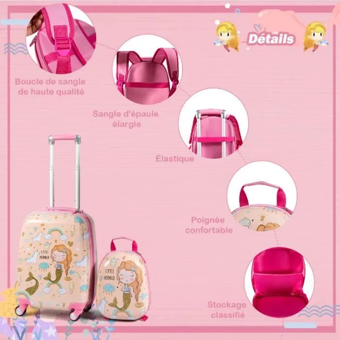 COSTWAY Valise Enfant à Roulettes 16’’ + Sac à dos 12’’ Ensemble de Bagage pour Enfant s avec Motif Sirène pour Filles Rose-3