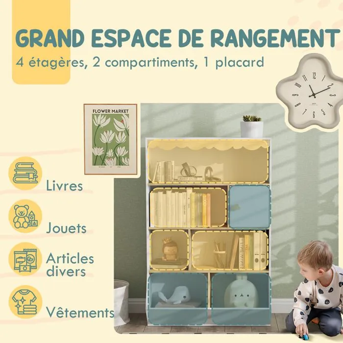 Bibliothèque enfant AIYAPLAY rangement livre enfant meuble de rangement pour jouets avec 4 étagères, 2 casiers et placard, blanc-4