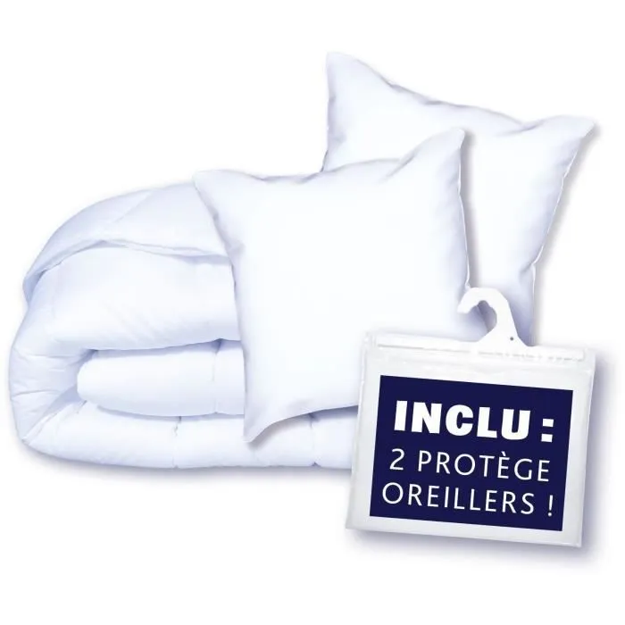 Pack couette 220x240 cm + 2 oreillers 60x60 cm + 2 protèges oreillers 60x60 cm - garnissage 100% Polyester - 350g/m² - blanc - DODO-1