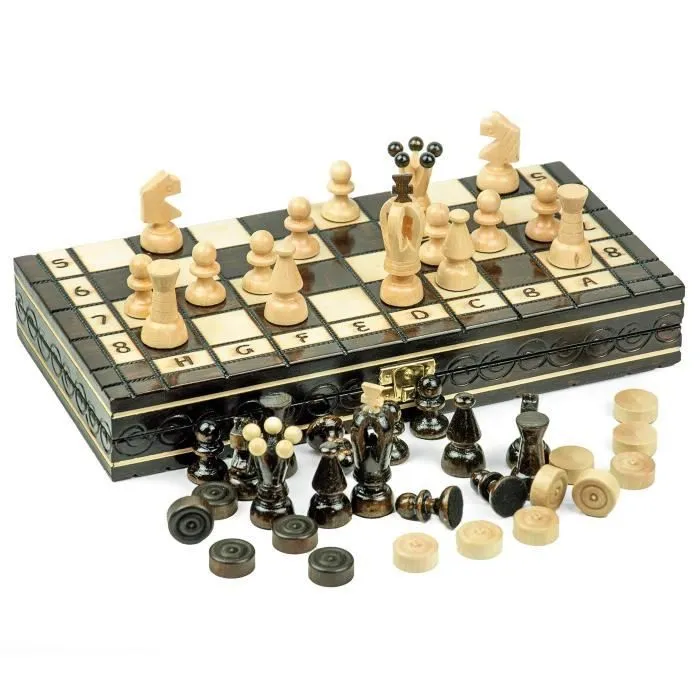 Echecs, Jeu de Dames 2 en 1 Echiquier en Bois - Echec Jeux d'echec Chess Dame Echequiers Pièces Grand 31 x 31 cm-1