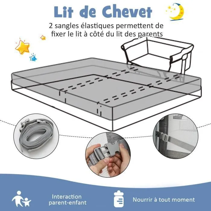 COSTWAY Berceau Cododo Bébé Portable 4 en 1 Matelas,Filet,Panier de Rangement, 2 Sangles Elastiques Hauteur Réglable 0-6 Mois Gris-2