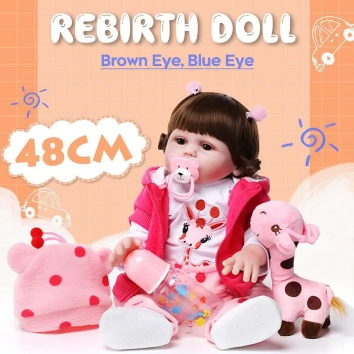 Poupée Reborn Silicone - 48cm - Poupon Réaliste Nouveau-Né - Cheveux Bouclés - Yeux Marrons-0