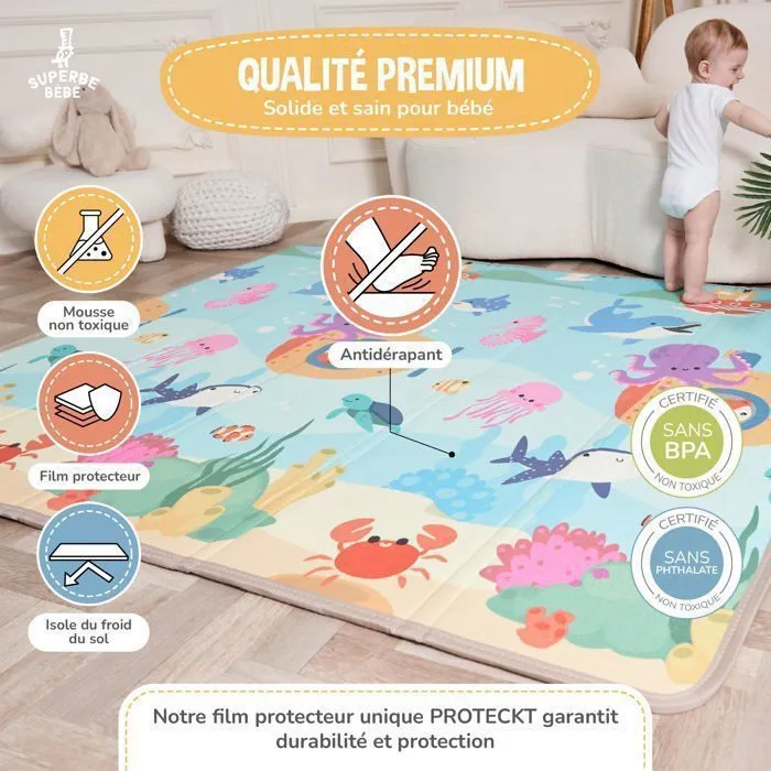 Tapis d'éveil pliable en mousse 180x150x1cm pour bébé et enfants | Tapis de jeu, de motricité épais et réversible | SUPERBE BEBE-4