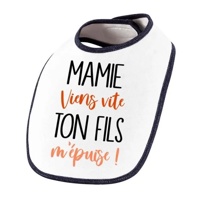 Bavoir Mamie viens vite ton Fils m'épuise | Cadeau Naissance Baby Shower Noël Anniversaire Enfant Nourrisson-0