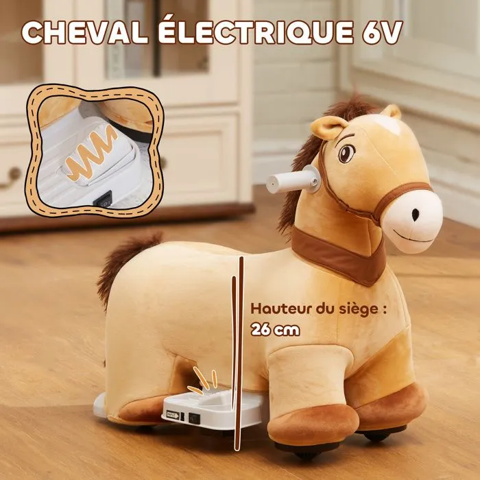 Porteur cheval électrique - AIYAPLAY - avec guidon antidérapant, musique, pédales -  pour enfants 18-36 mois - charge 25 kg - marron-4