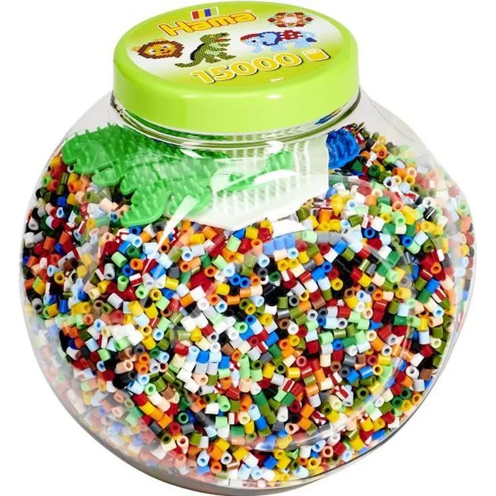 HAMA - Pot vert de 15000 perles à repasser taille MIDI et 3 plaques (Eléphant, Dinosaure et Hexagonale) - Loisirs créatifs-0
