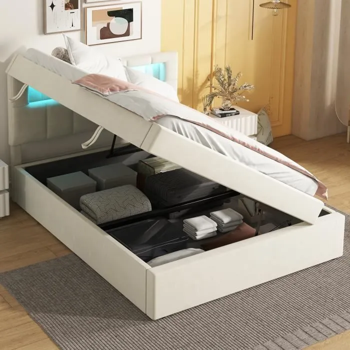 Lit coffre - Minimaliste - 90x200 cm - Velours beige - Tête de lit réglable LED - Avec tiroirs-0